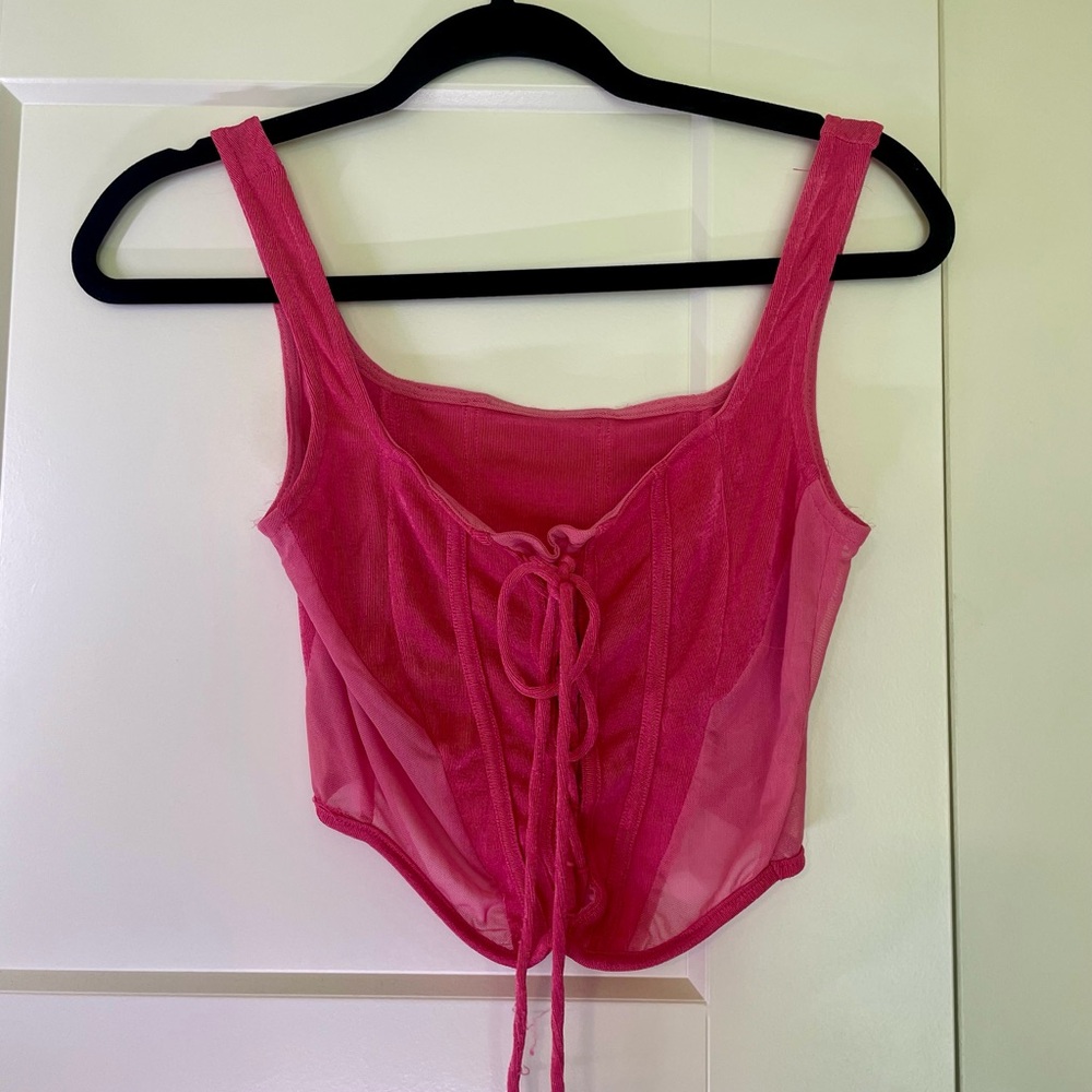 Pink Sheer Tie-Front Corset Tank Top
